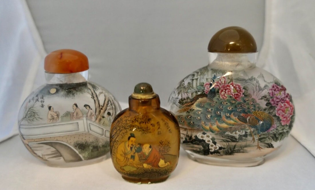 Chinese Snuff Bottles Set of 3 Hand Painted Interiors Early 20th Century: Chinese Snuff Bottles 3 Culture: Chinese This interesting group of three early 20th century Chinese snuff bottles are designed with detailed hand painted interiors. Three unique scenes are meticulousl