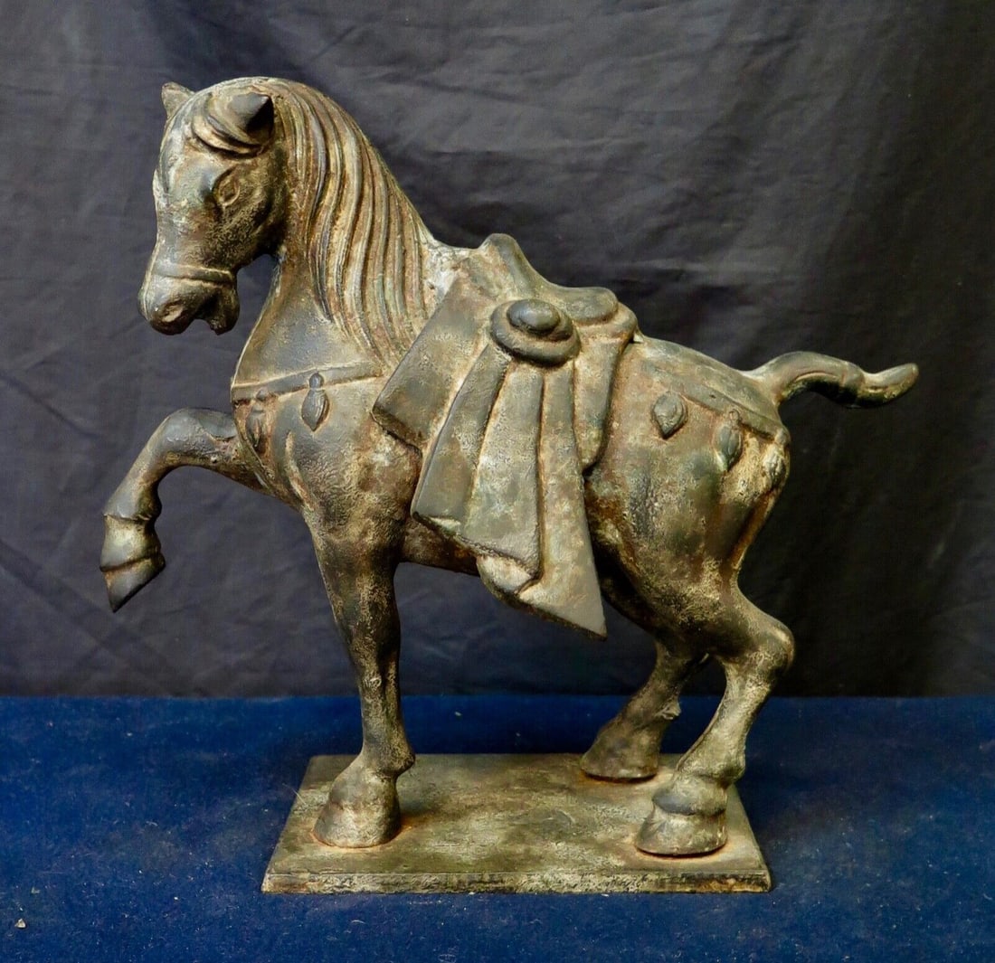 Chinese Samurai Iron Horse Sculpture 10in Tall Antique Replica: Chinese Samarai Iron Horse Region Of Origin: China Animal Type: Horse Age: 1900-1940 Primary Material: Iron Theme: Animal Original/Reproduction: Antique Original Color: Brown Height: 10in. (25cm) This