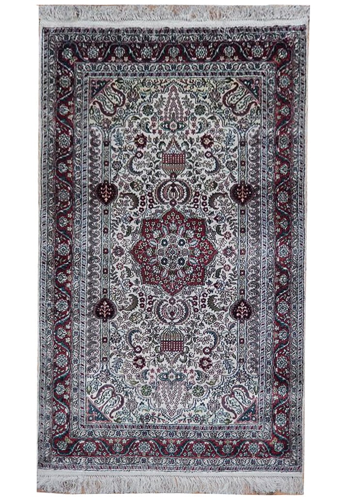 3 x 4 Fine Silk Rug Ivory Burgundy Traditional Hand-Knotted: 3 x 4 Fine Silk Rug IVORY BURGUNDY Free continental US Shipping Size in Feet: Width: 2.6 x Length: 4 Size in Inches: Width: 30 in x Length: 48 in Rug Type: Area Rug Colors: Ivory Burgundy Weave: Hand-