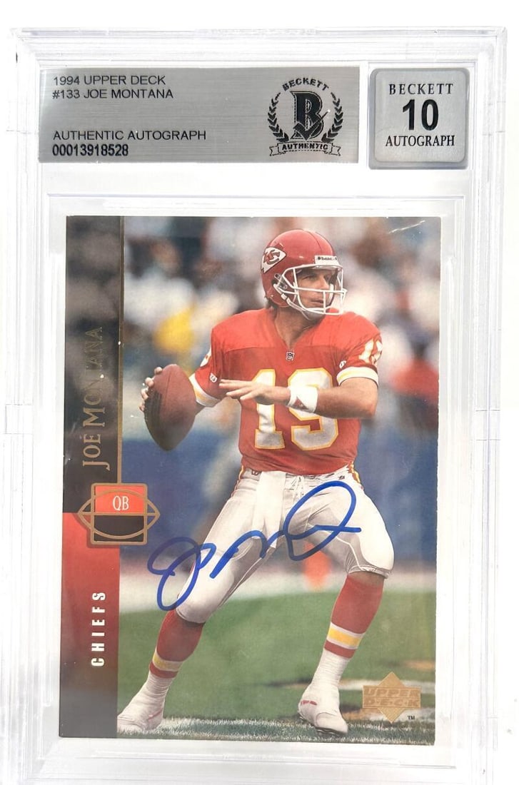 1994 Upper Deck Joe Montana Auto Kansas City Chiefs BAS Autograph 10: 1994 Upper Deck #133 Joe Montana Auto Kansas City Chiefs BAS Autograph 10 Graded: No Sport: Football Player/Athlete: Joe Montana Manufacturer: Upper Deck Features: Autograph Season: 1994 Set: 1994 Upp