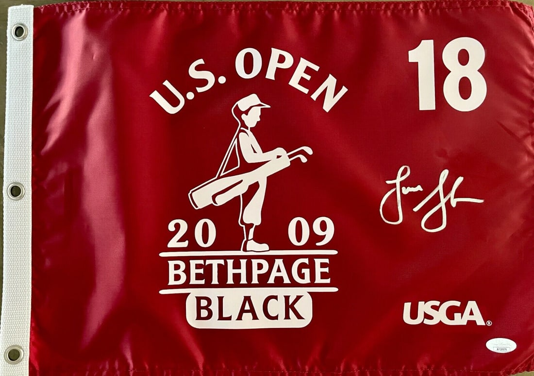 Lucas Glover Signed 2009 US Open Bethpage Black Red Pin Flag JSA: Lucas Glover signed 2009 U.S.Open Bethpage Black (red) Pin Flag-JSA AF18976 Sport: Golf-PGA Player: Lucas Glover Signed: Yes Autograph Authentication: James Spence Authentication (JSA) Original/Reprin