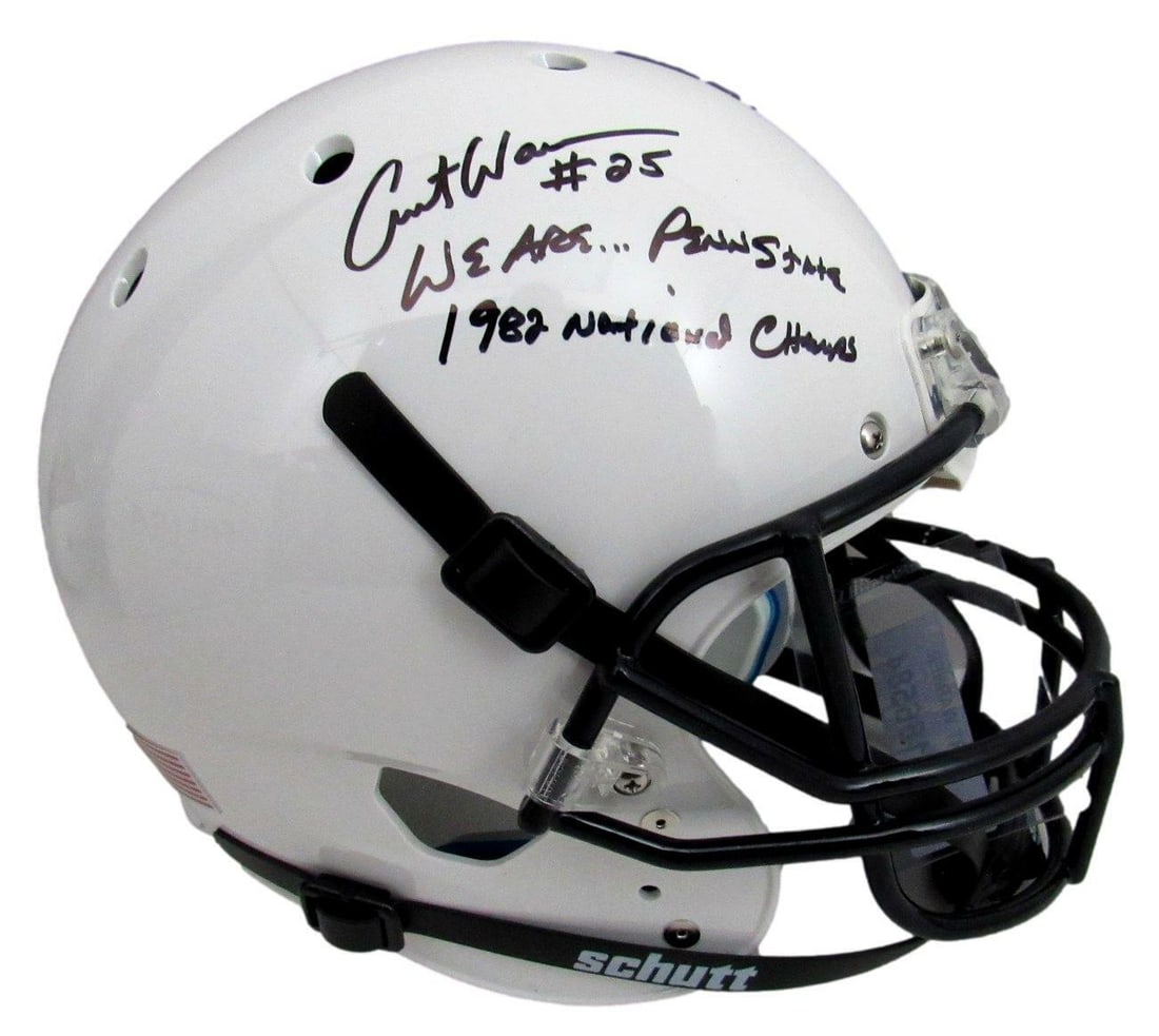 Curt Warner Signed Penn State Schutt Full Size Replica Helmet: Curt Warner Signed/Inscr Penn State Schutt Full Size Replica Helmet JSA 166584 Sport: Football Product: Helmet Original/Reprint: Original Team: Penn State Autograph Authentication: JSA League: NCAA Pr
