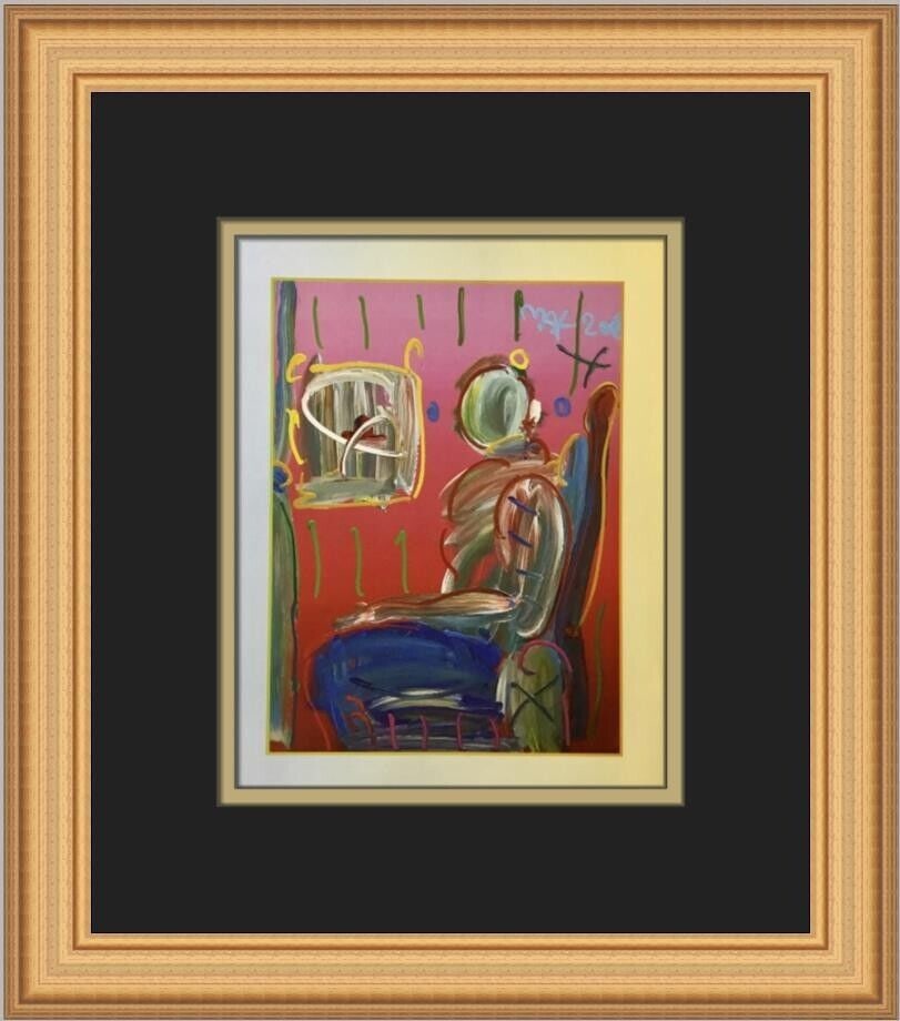 Peter Max Sitting Dega Man Framed Lithograph 14in x 12in Pop Art: Peter Max Sitting Dega Man Custom Framed Print Unit Of Sale: Single Piece Artist: Peter Max Size: Medium Item Length: 12 in Region Of Origin: United States Framing: Matted & Framed Personalize: No Yea