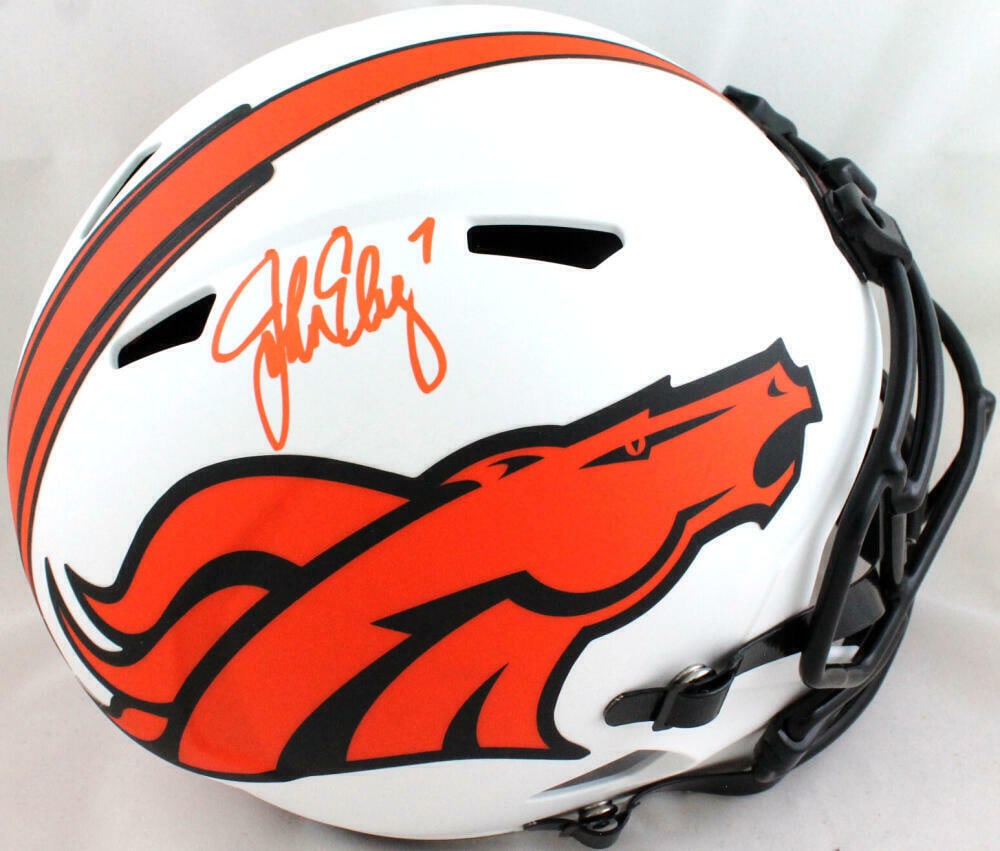 John Elway Autographed Denver Broncos Lunar Speed Helmet Beckett Authenticated: John Elway Autographed Denver Broncos Lunar Speed F/S Helmet- Beckett W *Orange Sport: Football Product: Helmet Original/Reprint: Original Player: John Elway Team: Denver Broncos Autograph Authenticat