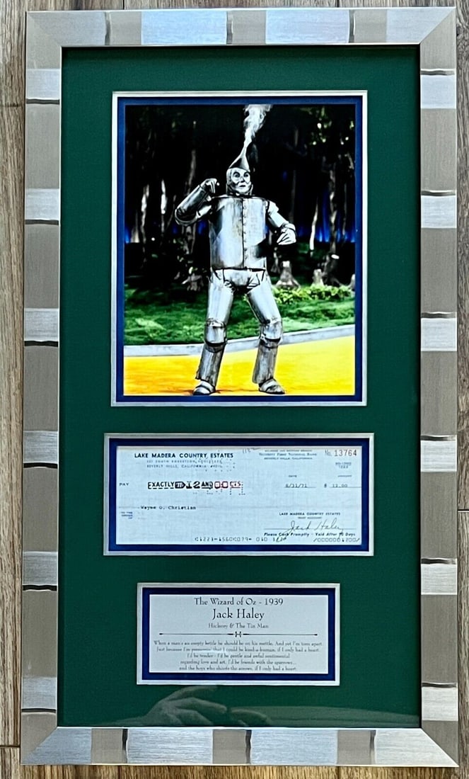 Jack Haley Signed Custom Framed Display Wizard of Oz Tin Man JSA: JACK HALEY d.1979 (Wizard of Oz-Tin Man) signed custom framed display-JSA P02060 Industry: Movies Personalize: No Movie: Wizard of Oz Signed By: Jack Haley Signed: Yes Autograph Authentication: James 