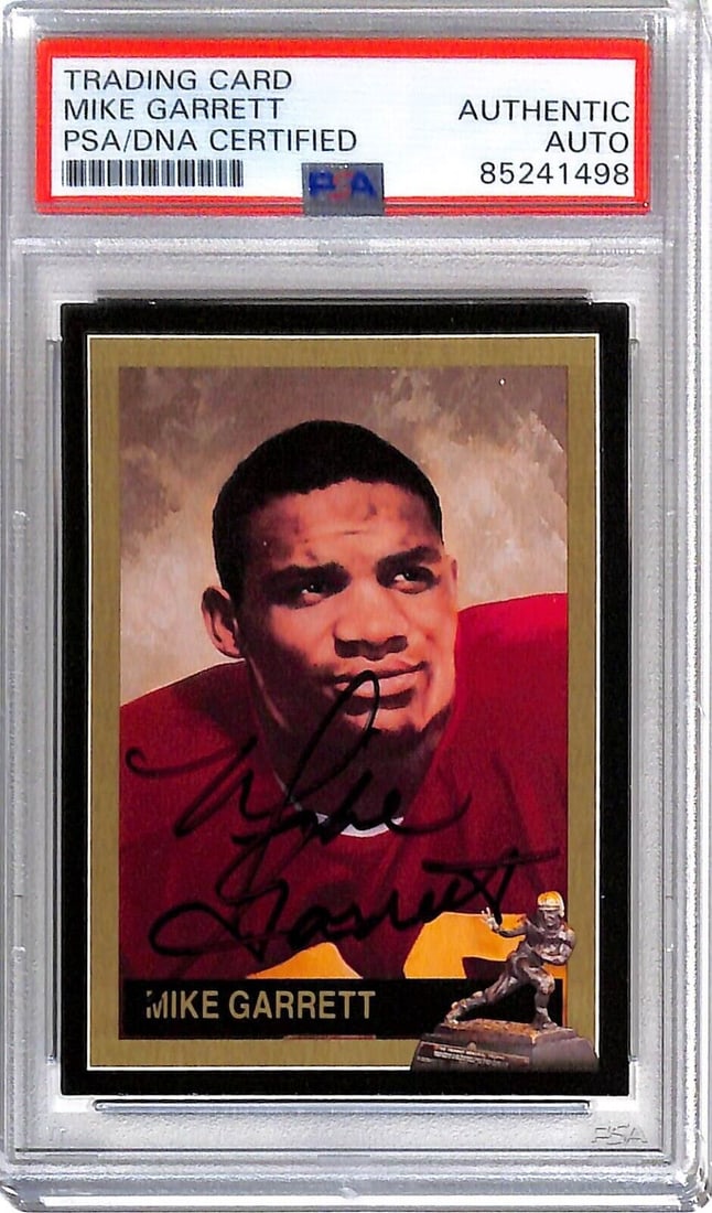 Mike Garrett Autographed Heisman Card USC Trojans PSA DNA: Mike Garrett autographed Heisman Card USC Trojans PSA/DNA 1498 Sport: Football Player: Mike Garrett Signed: Yes Autograph Authentication: Professional Sports Authenticator (PSA) Original/Reprint: Orig