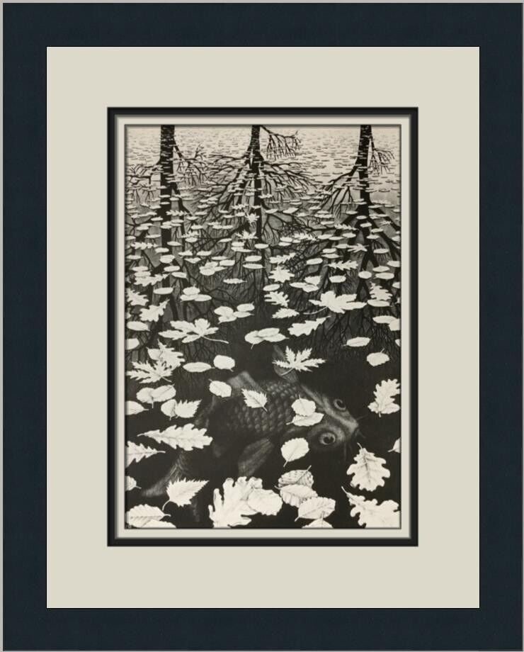 M.C. Escher Three Worlds Framed Print 16in x 13in Landscape: M.C. Escher Three Worlds Custom Framed Print Unit Of Sale: Single Piece Artist: M.C. Escher Size: Medium Item Length: 13 in Region Of Origin: United States Framing: Matted & Framed Personalize: No Yea