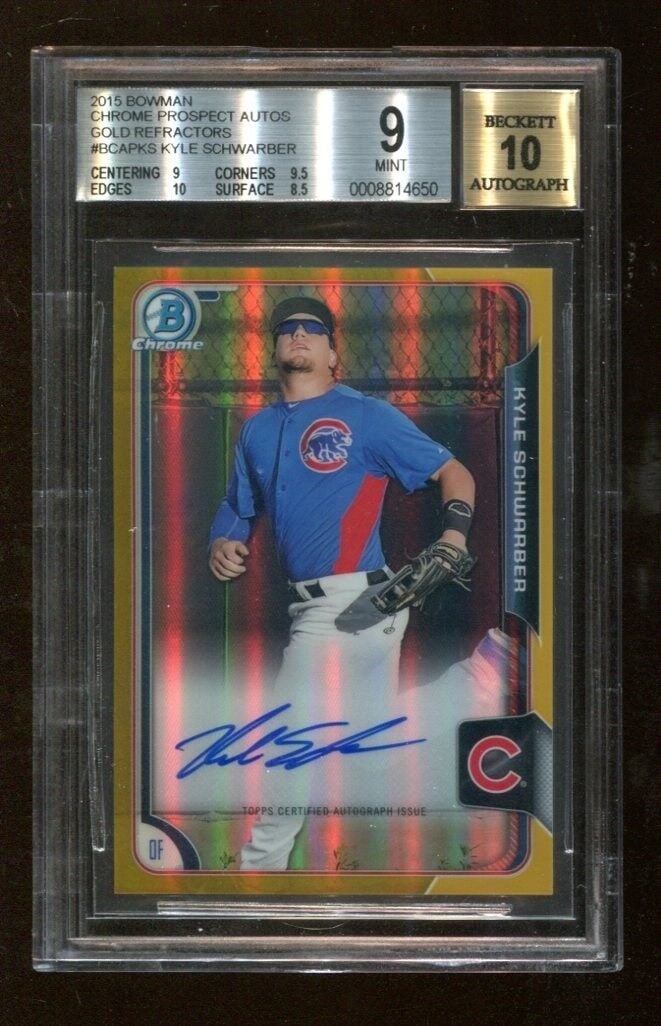 Kyle Schwarber 2015 Bowman Chrome Prospect Auto Gold Refractor Cubs /50 BGS 9/10: Kyle Schwarber 2015 Bowman Chrome Prospect Auto Gold Refractor Cubs /50 BGS 9/10 Sport: Baseball-MLB Pre-Owned While the lot images are representative of the item, the size, placement and strength of 