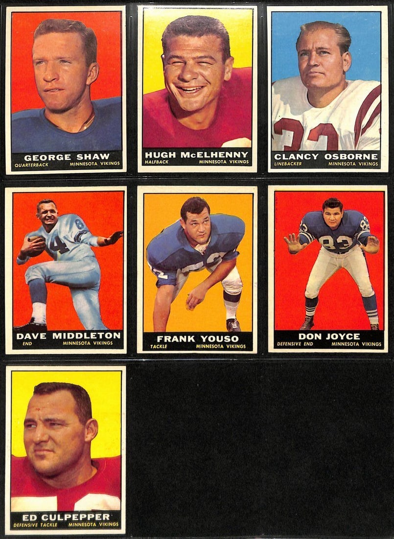 1961 TOPPS Football Minnesota Vikings Near Complete Team Set 7 of 8 Cards: 1961 TOPPS Football Minnesota Vikings Near Complete Team Set (7/8) Cards League: National Football League (NFL) Original/Reprint: Original Product: Trading Card Pre-Owned While the lot images are repr