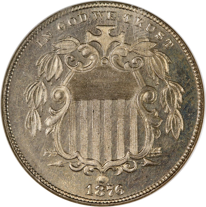 1876 Shield Nickel Proof NGC PF64: 1876 Shield Nickel Proof NGC PF64 Certification: NGC Circulated/Uncirculated: Uncirculated Grade: PF64 Composition: Nickel Certification Number: 274896-001 Year: 1876 Pre-Owned The MYNT Guarantee: All