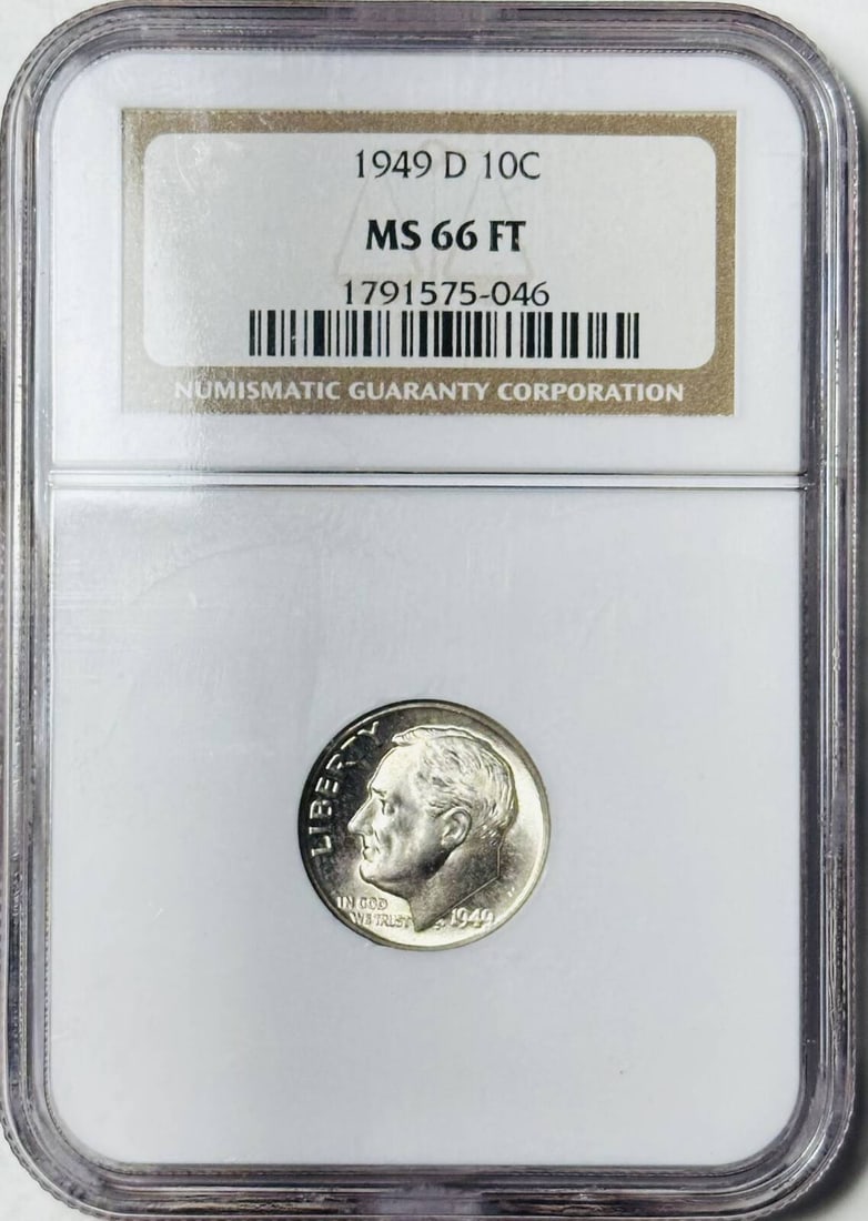 1949 D Dimes Roosevelt NGC MS-66 FT: 1949 D Dimes Roosevelt NGC MS-66 FT Certification: NGC Composition: Silver Grade: MS 66 Year: 1949 Circulated/Uncirculated: Uncirculated Mint Location: Denver Km Number: Unknown Certification Number: 