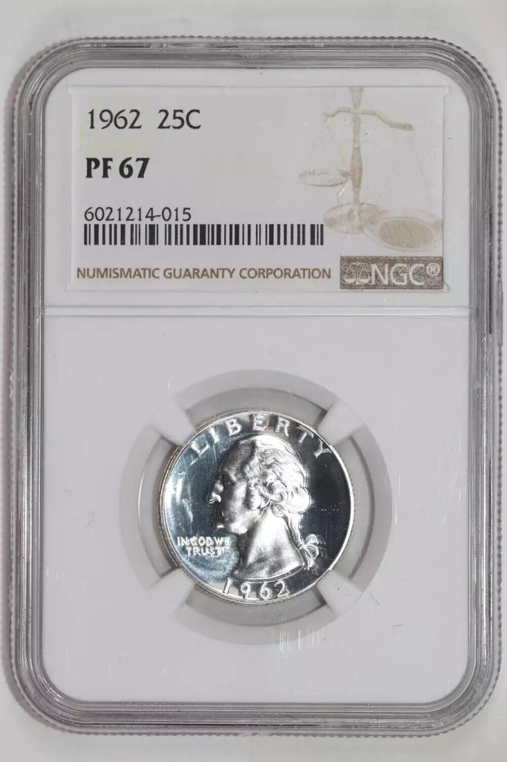 1962 PROOF WASHINGTON QUARTER NGC PR67: 1962 PROOF WASHINGTON QUARTER NGC PR67 Certification: NGC Composition: Silver Grade: PF 67 Year: 1962 Circulated/Uncirculated: Uncirculated Strike Type: Proof Mint Location: Philadelphia Km Number: Un