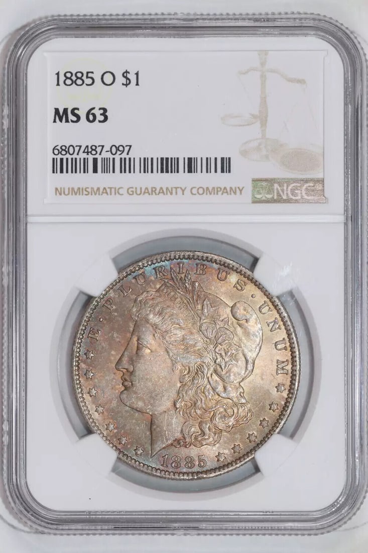 1885-O MORGAN DOLLAR NGC MS63 RAINBOW TONING!: 1885-O MORGAN DOLLAR NGC MS63 RAINBOW TONING! Certification: NGC Composition: Silver Grade: MS 63 Year: 1885 Circulated/Uncirculated: Uncirculated Mint Location: New Orleans Km Number: Unknown Certifi