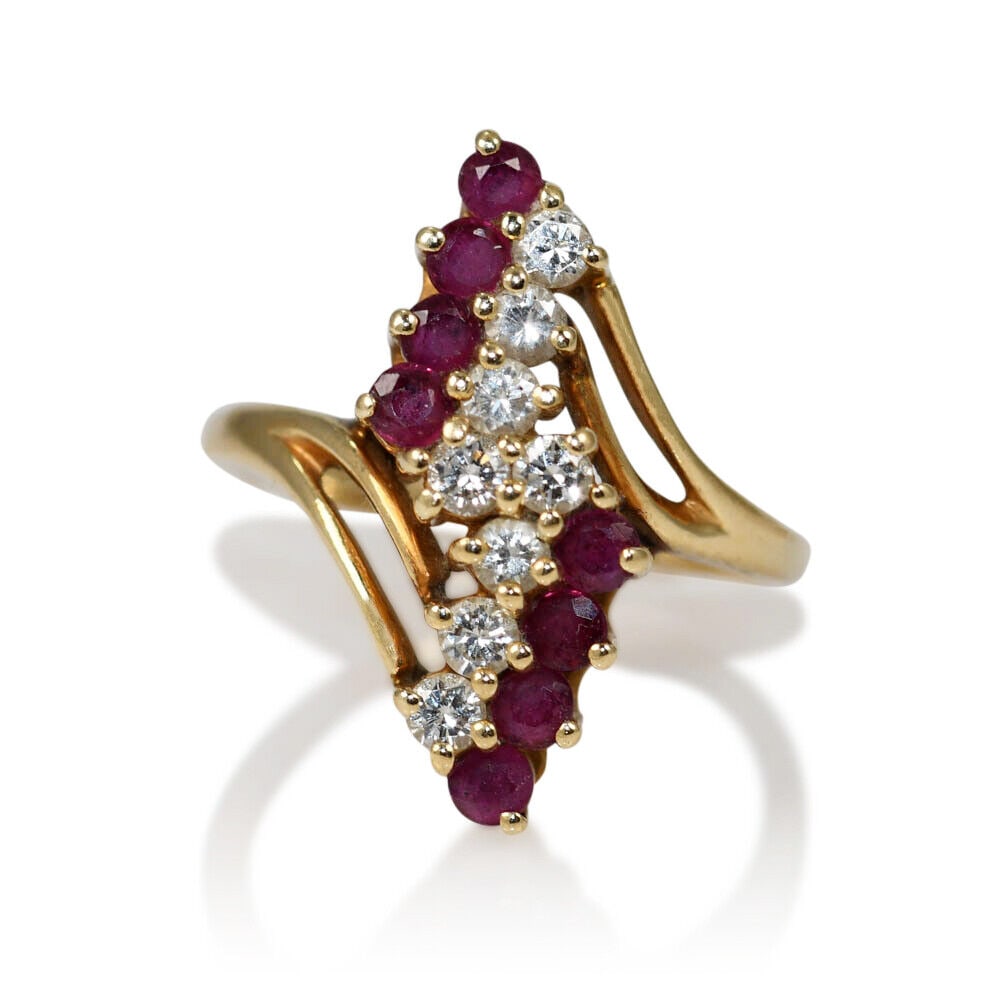 10K Yellow Gold Ruby & Diamond Ring 4.3gr: 10K Yellow Gold Ruby & Diamond Ring 4.3gr Type: Ring Style: Vintage Ring Size: 6.5 Metal: Yellow Gold Metal Purity: 10k Secondary Stone: Diamond Number Of Diamonds: 8 Base Metal: Yellow Gold Number Of