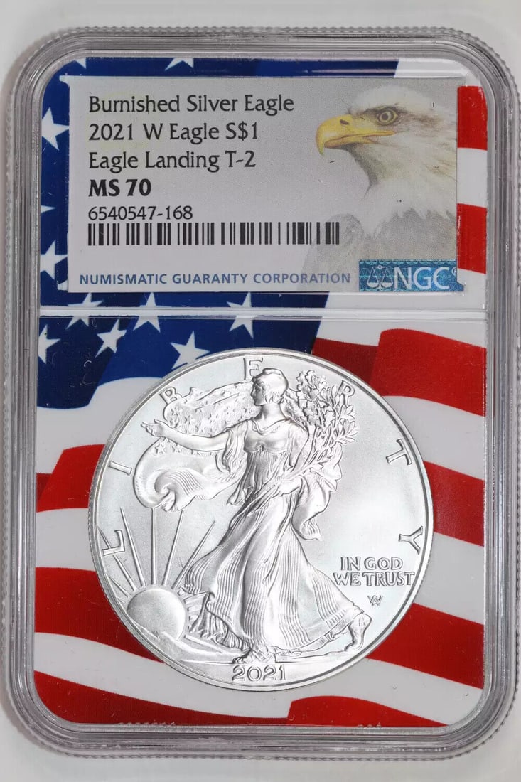 2021-W BURNISHED TYPE 2 LANDING SILVER EAGLE NGC MS70 FLAG LABEL: 2021-W BURNISHED TYPE 2 LANDING SILVER EAGLE NGC MS70 FLAG LABEL Certification: NGC Composition: Silver Grade: MS 70 Year: 2021 Circulated/Uncirculated: Uncirculated Mint Location: West Point Km Numbe