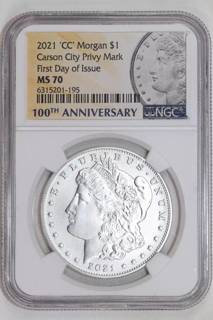 2021-CC MORGAN DOLLAR CARSON CITY PRIVY NGC MS70 FDOI: 2021-CC MORGAN DOLLAR CARSON CITY PRIVY NGC MS70 FDOI Certification: NGC Composition: Silver Grade: MS 70 Year: 2021 Circulated/Uncirculated: Uncirculated Mint Location: Carson City Km Number: Unknown