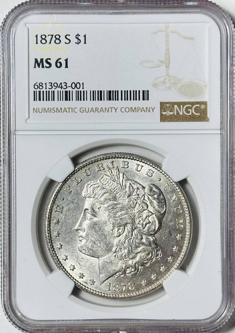 1878 S Morgan Silver Dollar NGC MS-61: 1878 S Morgan Silver Dollar NGC MS-61 Certification: NGC Composition: Silver Grade: MS 61 Year: 1878 Circulated/Uncirculated: Uncirculated Mint Location: San Francisco Km Number: Unknown Certification
