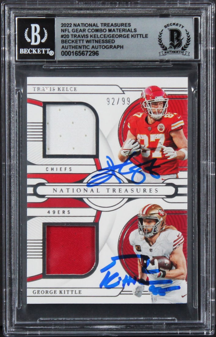 Kelce & Kittle Signed 2022 National Treasures Card Auto 10 BAS Slab: Kelce & Kittle Signed 2022 National Treasures #20 #92/99 Card Auto 10! BAS Slab Sport: Football Product: Box Box & Case Breaks Case Coin etopps (In-hand) Lot Pack Original/Reprint: Original Player: Tr