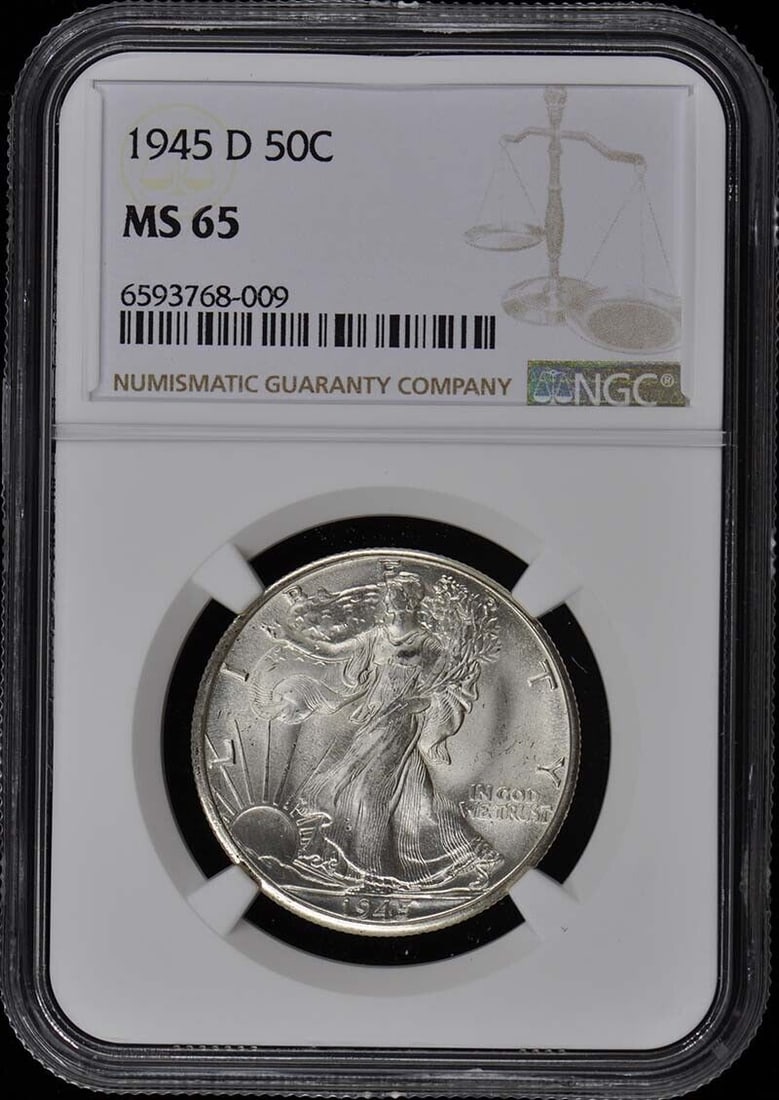 1945-D Walking Liberty Half Dollar 50C NGC MS65: 1945-D Walking Liberty Half Dollar 50C NGC MS65 Certification: NGC Certification Number: 6593768009 Grade: MS65 Year: 1945 Circulated/Uncirculated: Uncirculated Mint Location: Denver Designation: NONE