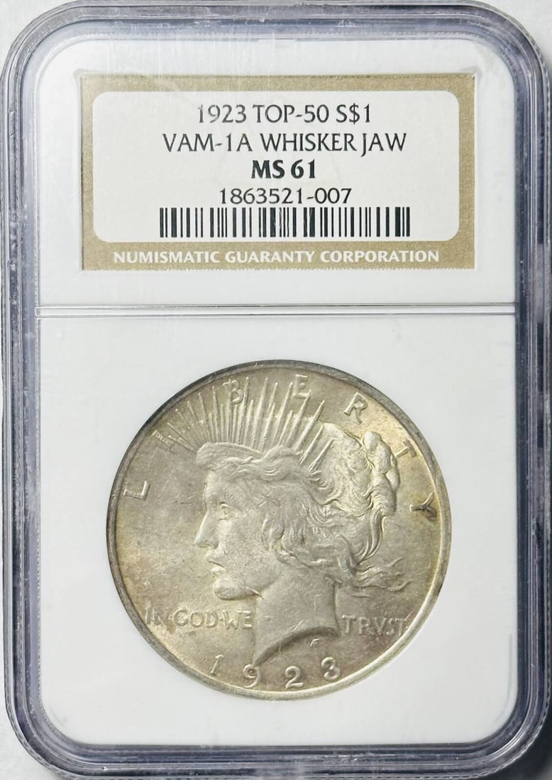 1923 P Peace Dollar NGC MS-61 VAM-1A WHISKER JAW: 1923 P Peace Dollar NGC MS-61 VAM-1A WHISKER JAW Certification: NGC Composition: Silver Grade: MS 61 Year: 1923 Circulated/Uncirculated: Uncirculated Mint Location: Philadelphia Km Number: Unknown Cer