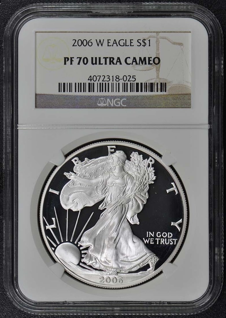 2006 W EAGLE S$1 NGC PR70DCAM: 2006 W EAGLE S$1 NGC PR70DCAM Certification: NGC Grade: PR70 Certification Number: 4072318025 Year: 2006 Pre-Owned The MYNT Guarantee: All items in this auction are guaranteed to be 100% authentic. At
