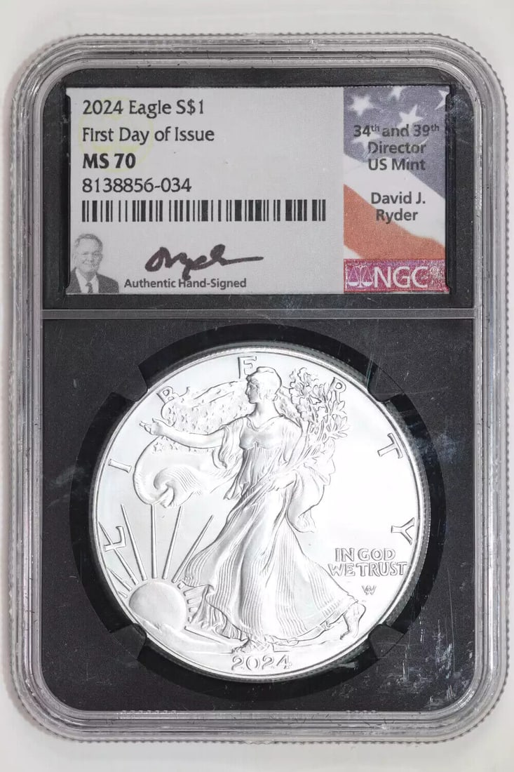 2024 SILVER EAGLE NGC MS70 FIRST DAY OF ISSUE RYDER SIGNATURE: 2024 SILVER EAGLE NGC MS70 FIRST DAY OF ISSUE RYDER SIGNATURE Certification: NGC Composition: Silver Grade: MS 70 Year: 2024 Circulated/Uncirculated: Uncirculated Km Number: Unknown Certification Numb