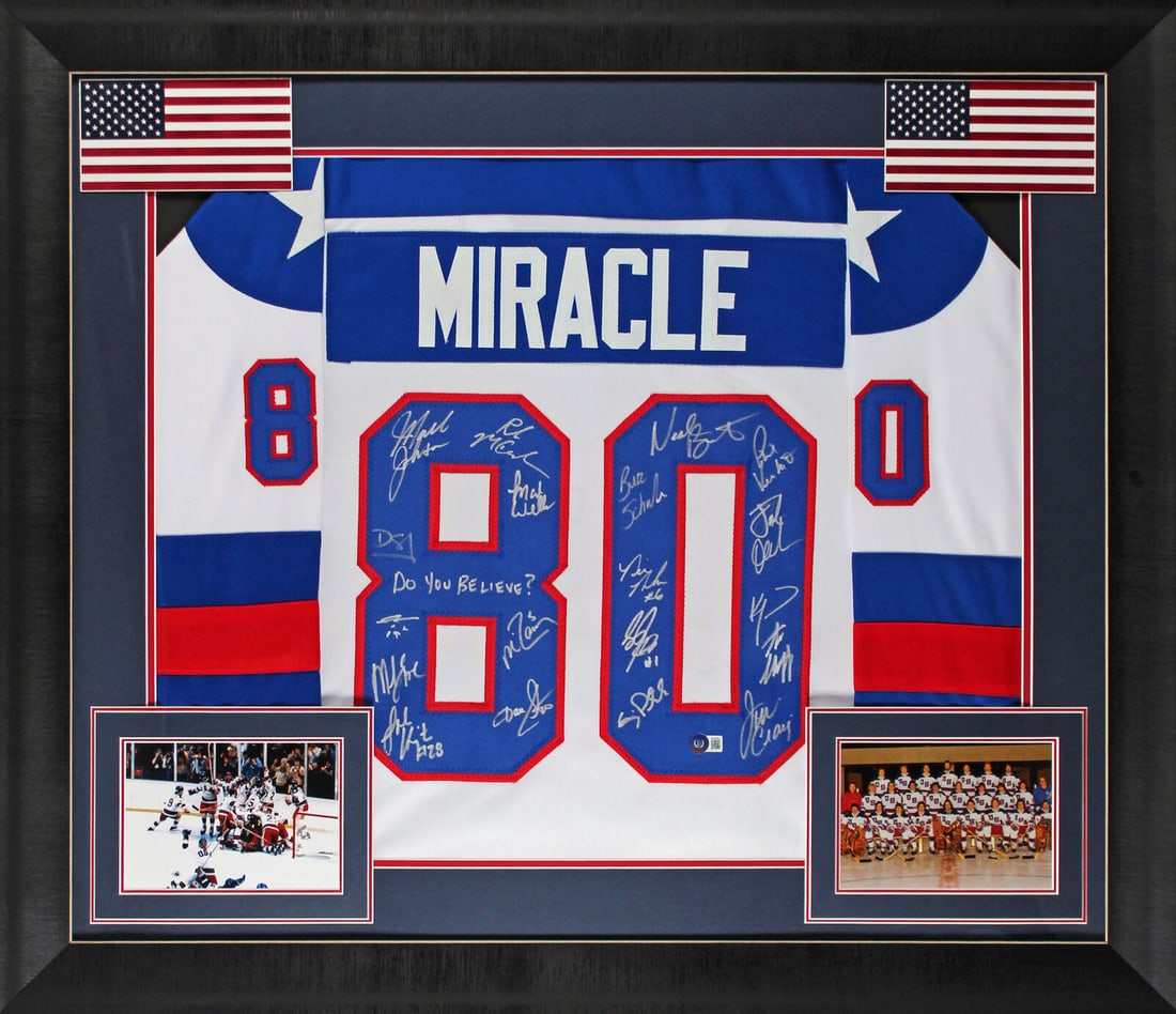 1980 USA Hockey Signed White Framed Jersey by Craig Eruzione and Broten: 1980 USA Hockey 19 Autos Craig Eruzione Broten Signed White Framed Jersey BAS Sport: Hockey Product: Jersey Original/Reprint: Original Player: Neal Broten Dave Silk Rob McClanahan & Mark Johnson Steve