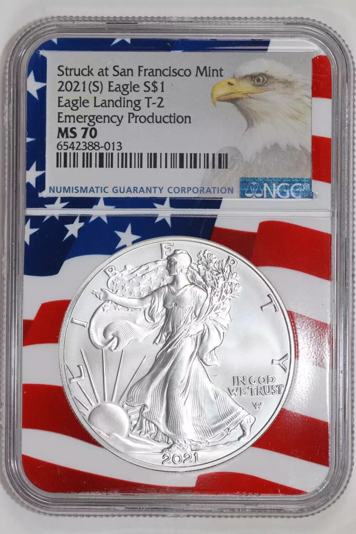 2021 (S) SILVER LANDING EAGLE TYPE 2 NGC MS70 EMERGENCY STRUCK AT SAN FRAN MINT: 2021 (S) SILVER LANDING EAGLE TYPE 2 NGC MS70 EMERGENCY STRUCK AT SAN FRAN MINT Certification: NGC Composition: Silver Grade: MS 70 Year: 2021 Circulated/Uncirculated: Uncirculated Mint Location: San 