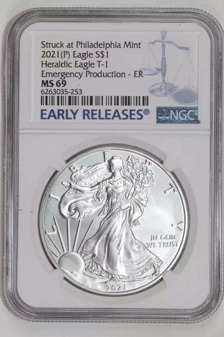 2021 (P) SILVER HERALDIC EAGLE TYPE 1 NGC MS69 EMERGENCY STRUCK AT PHILLY MINT: 2021 (P) SILVER HERALDIC EAGLE TYPE 1 NGC MS69 EMERGENCY STRUCK AT PHILLY MINT Certification: NGC Composition: Silver Grade: MS 69 Year: 2021 Circulated/Uncirculated: Uncirculated Mint Location: Phila
