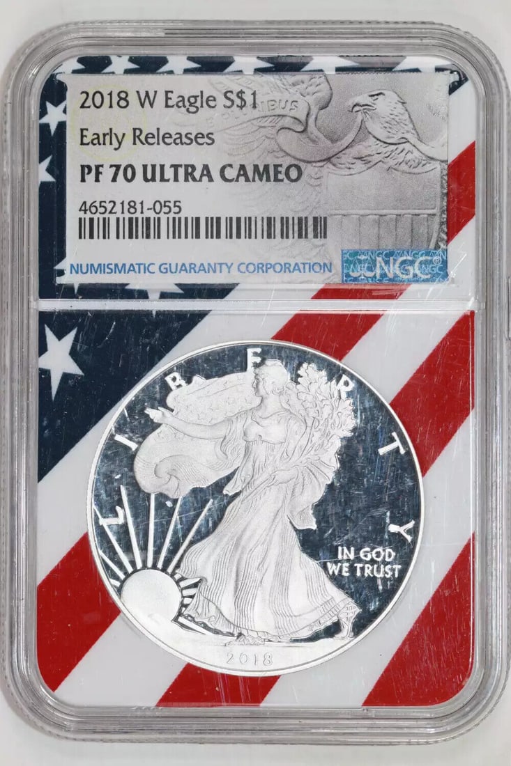 2018-W PROOF SILVER EAGLE NGC PR70 UCAM: 2018-W PROOF SILVER EAGLE NGC PR70 UCAM Certification: NGC Composition: Silver Grade: PF 70 Year: 2018 Circulated/Uncirculated: Uncirculated Strike Type: Proof Mint Location: West Point Km Number: Unk