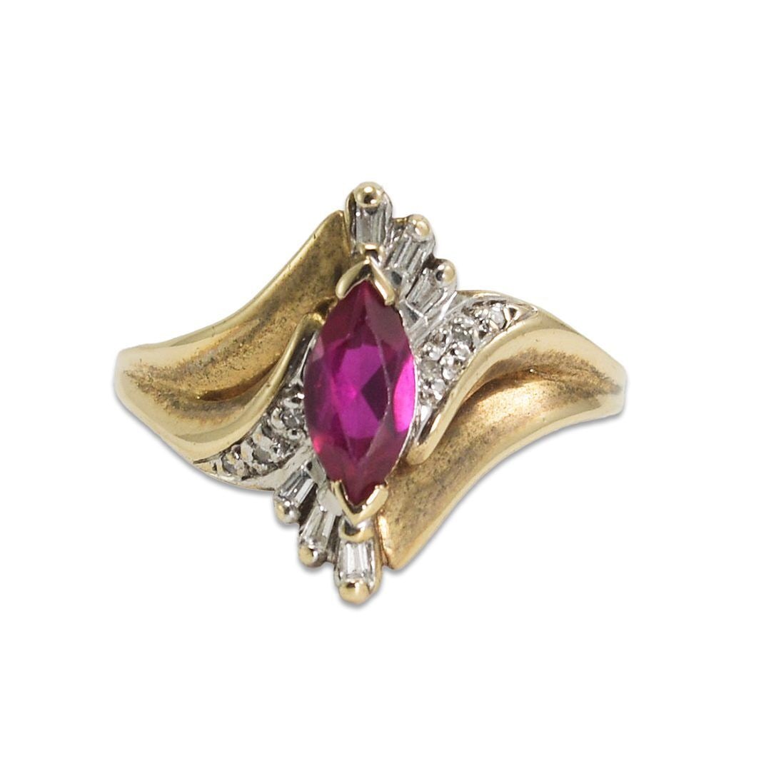 10K Yellow Gold Synthetic Ruby & Diamond Ring: 10K Yellow Gold Synthetic Ruby & Diamond Ring Main Stone Color: Red Metal: Yellow Gold Metal Purity: 10k Ring Size: 6 Secondary Stone: Diamond Main Stone Creation: Synthetic Main Stone: Synthetic Ruby