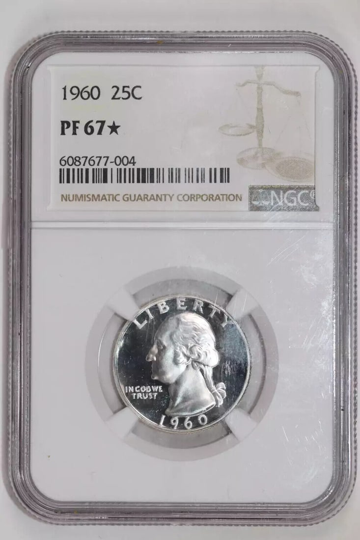 1960 PROOF WASHINGTON QUARTER NGC PR67* STAR: 1960 PROOF WASHINGTON QUARTER NGC PR67* STAR Certification: NGC Composition: Silver Grade: PF 67* Year: 1960 Circulated/Uncirculated: Uncirculated Strike Type: Proof Mint Location: Philadelphia Km Num