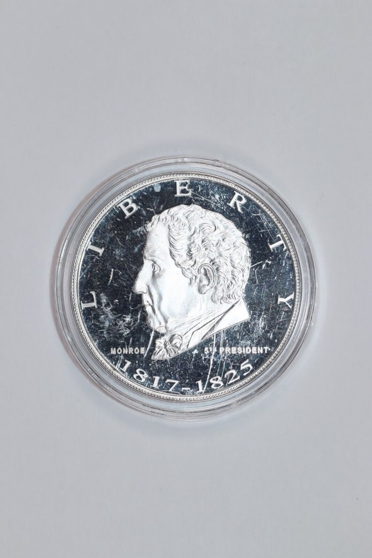 1817-1825 James Monroe 5th President Proof 1oz. .999 Silver Art Round: 1817-1825 James Monroe 5th President Proof 1oz. .999 Silver Art Round Composition: Silver Shape: Round Precious Metal Content Per Unit: 1 oz Pre-Owned The MYNT Guarantee: All items in this auction are