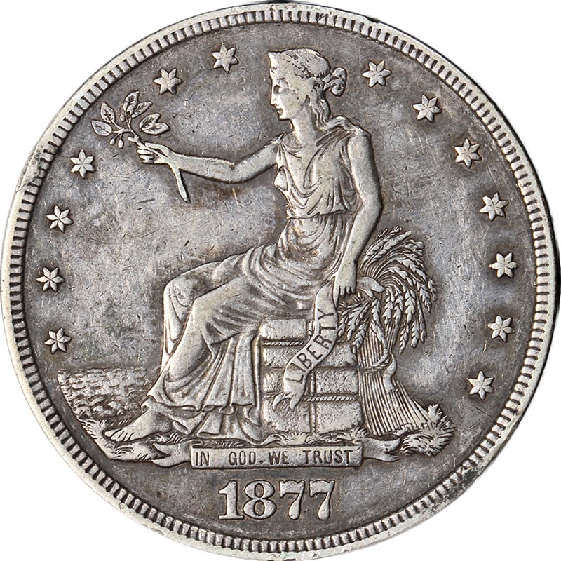 1877-P Trade Dollar Nice XF: 1877-P Trade Dollar Nice XF Certification: Uncertified Circulated/Uncirculated: Circulated Mint Location: Philadelphia Composition: Silver Grade: Nice XF Year: 1877 Pre-Owned The MYNT Guarantee: All i