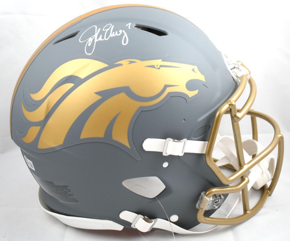 John Elway Signed Denver Broncos Slate Speed Helmet Beckett Holo: John Elway Signed Denver Broncos F/S Slate Speed Helmet-Beckett W Holo Sport: Football Product: Helmet Original/Reprint: Original Player: John Elway Team: Denver Broncos Autograph Authentication: Beck