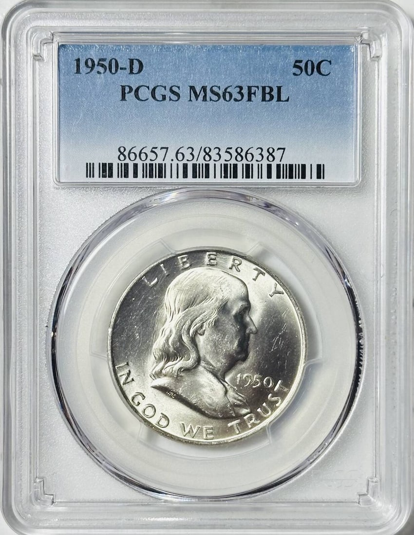 1950 D Franklin Half Dollar PCGS MS-63 FBL: 1950 D Franklin Half Dollar PCGS MS-63 FBL Certification: PCGS Composition: Silver Grade: MS 63 Year: 1950 Circulated/Uncirculated: Uncirculated Mint Location: Denver Km Number: Unknown Certification 