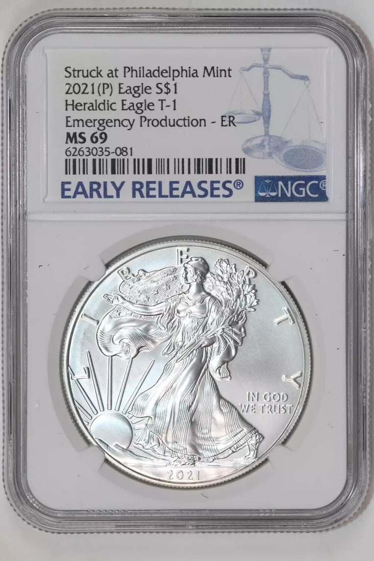 2021 (P) SILVER HERALDIC EAGLE TYPE 1 NGC MS69 EMERGENCY STRUCK AT PHILLY MINT: 2021 (P) SILVER HERALDIC EAGLE TYPE 1 NGC MS69 EMERGENCY STRUCK AT PHILLY MINT Certification: NGC Composition: Silver Grade: MS 69 Year: 2021 Circulated/Uncirculated: Uncirculated Mint Location: Phila