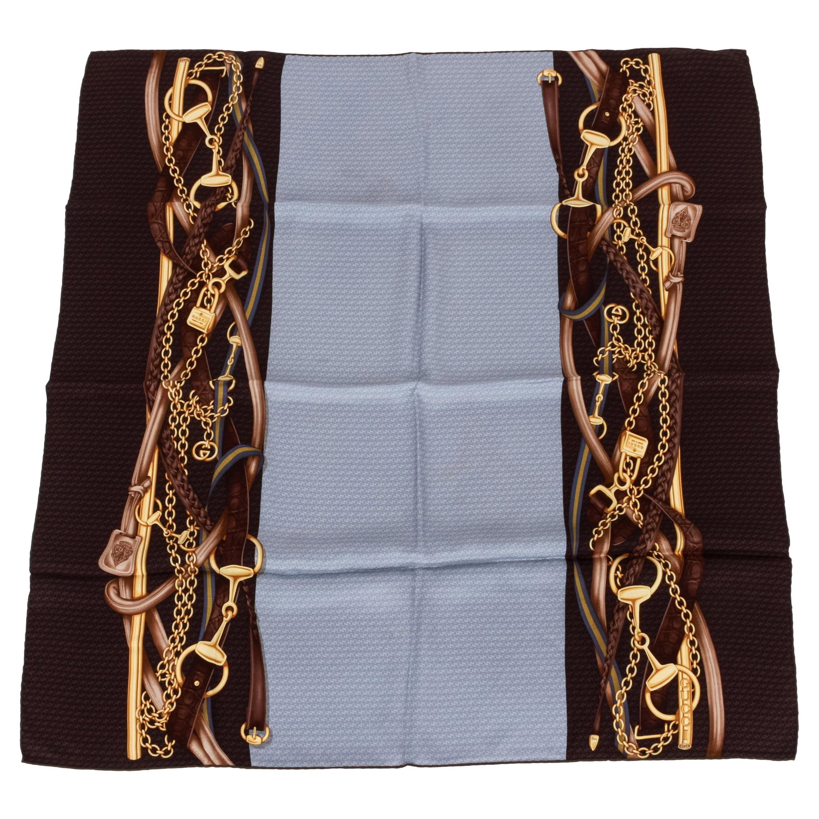 Gucci Gray Equestrian Silk Scarf 35 inches: Gucci Gray Logo Equestrian Silk Scarf Designer: Gucci Brand: Gucci Dimensions: Height: 35 in (88.9 cm)Length: 35 in (88.9 cm) Place of Origin: Italy Period: 21st Century Pre-Owned The Mynt Guarantee: 
