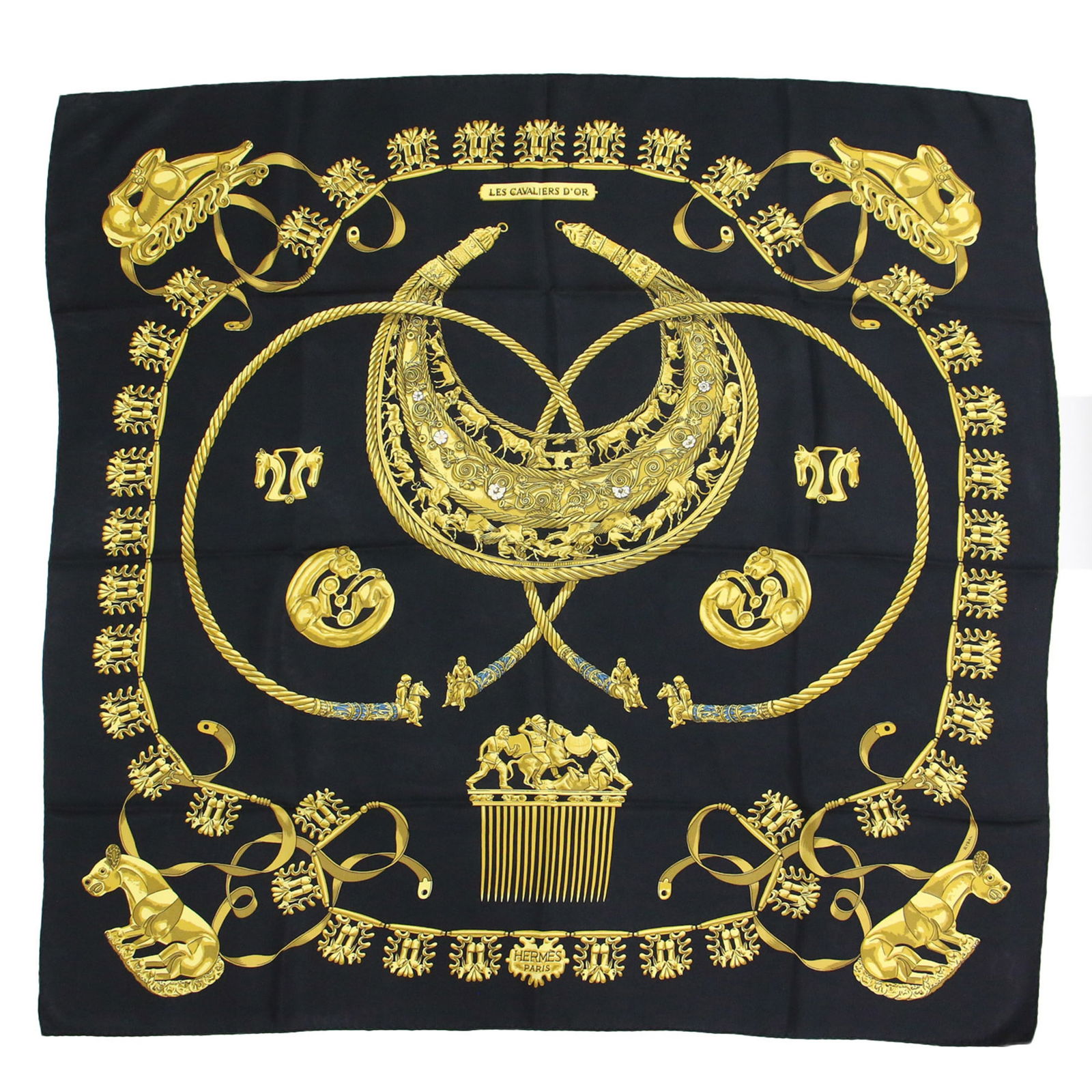 Hermes Carre 90 Silk Scarf Black Gold Les Cavaliers Dor: HERMES Carre 90 Scarf Muffler Large Print LES CAVALIERS DOR Golden Knights Silk Black Gold Women's K4102 Brand: Hermes Type: Scarf Gender: Women Color: Black Gold Material: Silk Silk: Size (LxW): 86cm