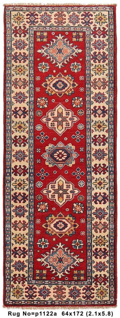 Handmade Red Kazak Rug 2 x 6 Narrow Runner: This handmade Kazak rug features a rich crimson red background adorned with intricate motifs in beige, blue, gold, and hints of green. Crafted in Pakistan, this area rug is hand-knotted with a wool pi