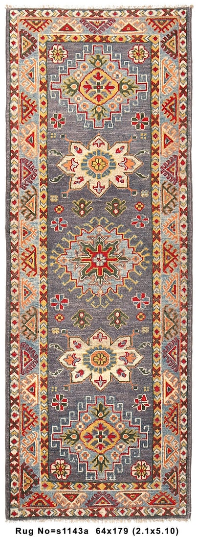 Handmade Kazak Runner Rug 2 x 6 Fine Wool: This exquisite handmade Kazak runner rug is crafted from fine wool, featuring a hand-knotted weave. It boasts a vibrant design set against a charcoal gray base, with colors of red, cream, blue, golden