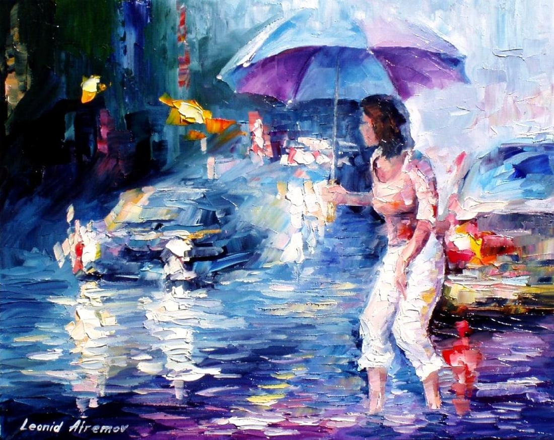 Limited Edition Giclee by Leonid Afremov: Experience the artistic soul of Leonid Afremov with this limited edition giclee artwork, titled "Wiped Away By The Rain." Hand-painted on canvas, this piece is the first of only 25 in existence. It's