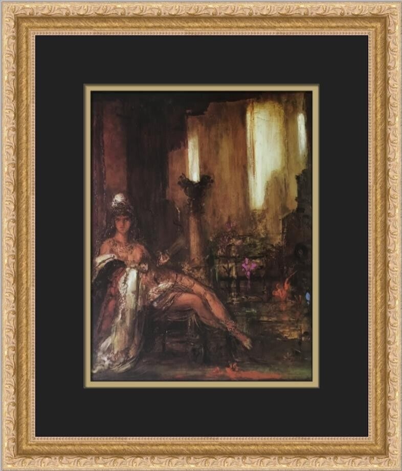 Gustave Moreau Delilah Framed Print 16x14 inches: This exquisite Gustave Moreau print, featuring the artwork 'Delilah,' captures the essence of Impressionism. Custom framed in a striking gold ornate frame, the piece is double matted with a black oute