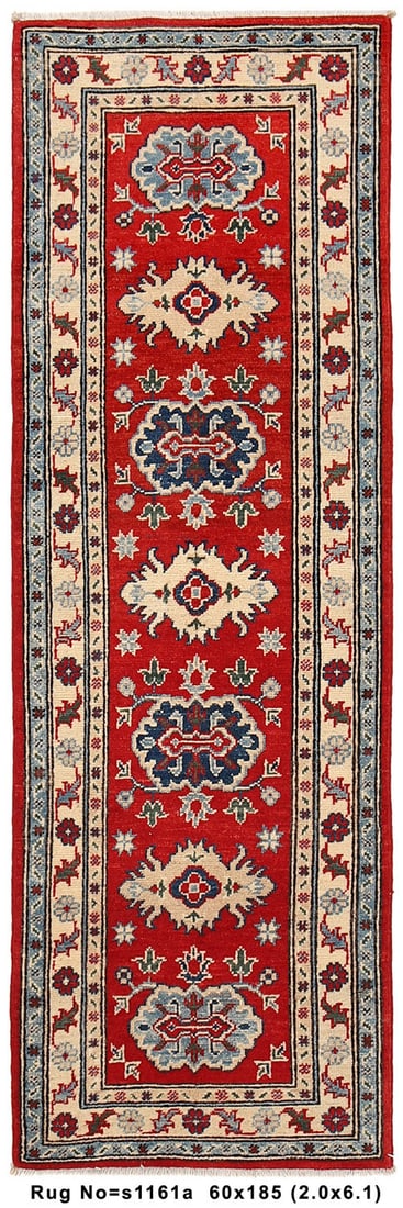 2 x 6 Kazak Runner Rug Hand-Knotted Wool: This exquisite hand-knotted Kazak runner rug features a vibrant red background accented with beige, dark blue, light blue, green, and black. Made from wool, it measures 2 x 6.1 feet (24 x 73 inches) a