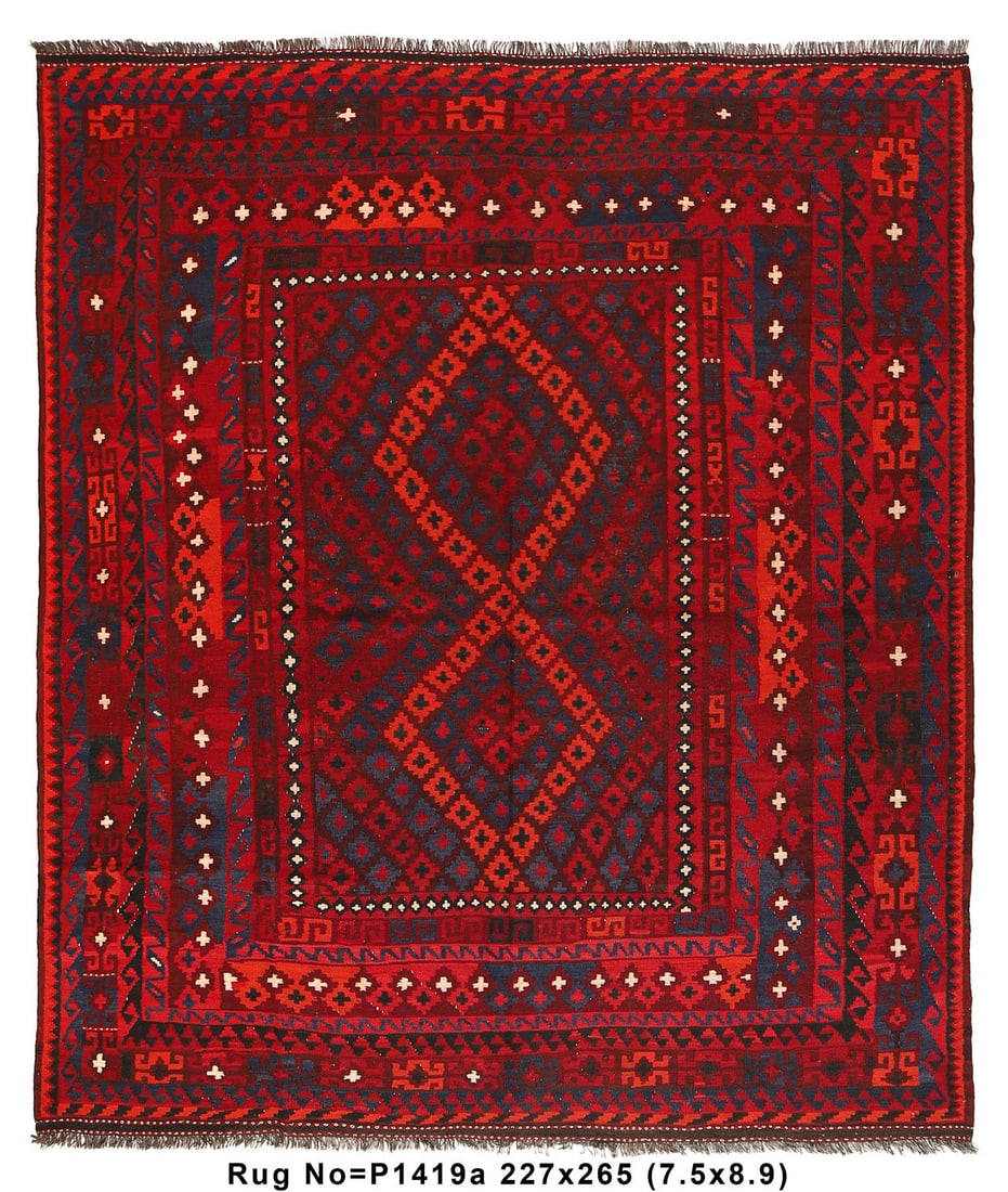 Flat Weave Afghan Kilim Rug 7.5 x 8.9 Tribal Design: This 1980s Afghan Kilim rug features a striking tribal pattern in red, black, and blue colors. Hand-knotted with a flat weave, it's crafted from high-quality wool. The rug is an area rug type, perfect
