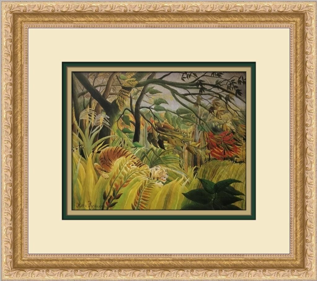 Henri Rousseau Tiger in a Tropical Storm Framed Print: Experience the captivating beauty of Henri Rousseau's 'Tiger in a Tropical Storm' with this custom framed print. This open edition print, produced in 1997, captures the essence of Impressionism and Re