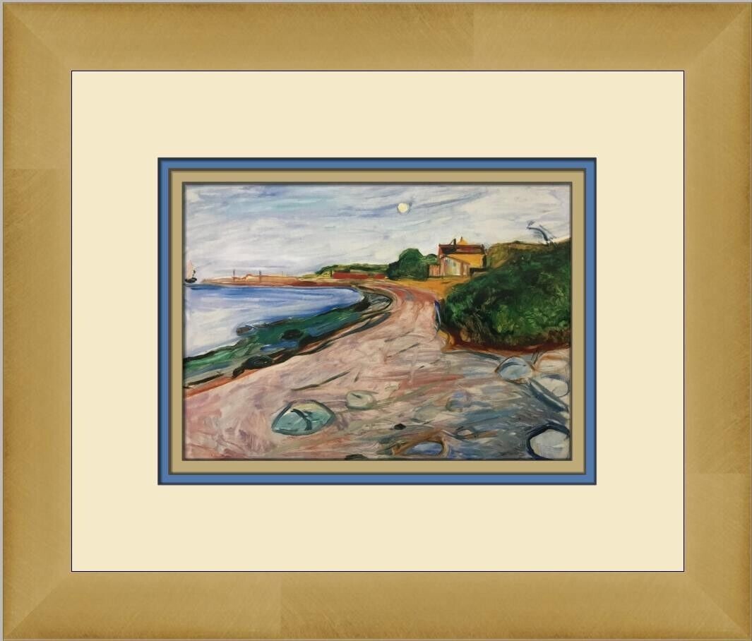 Edvard Munch Winter Landscape Framed Lithograph Print: This professionally custom-framed lithograph print features Edvard Munch's 'Winter Landscape at Huisten.' The print is framed in a 1 inch gold poly frame, triple matted with cream, light blue, and gol