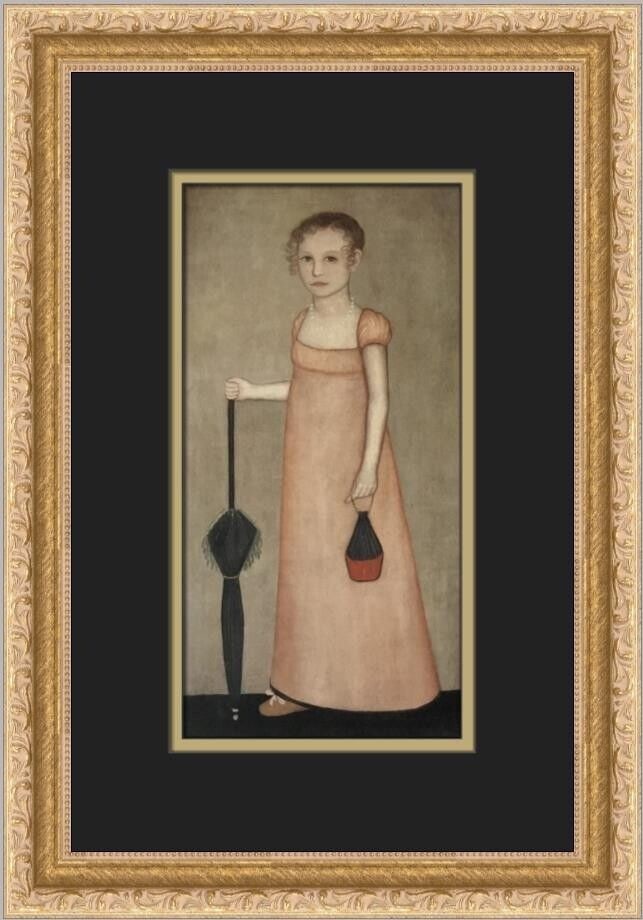 Ammi Philips Expressionism Portrait Print Framed: This custom framed print features the "Portrait of Harriet Campbell" by Ammi Philips. The piece is presented in an expressionist style, originating from the United States. It is an open edition print