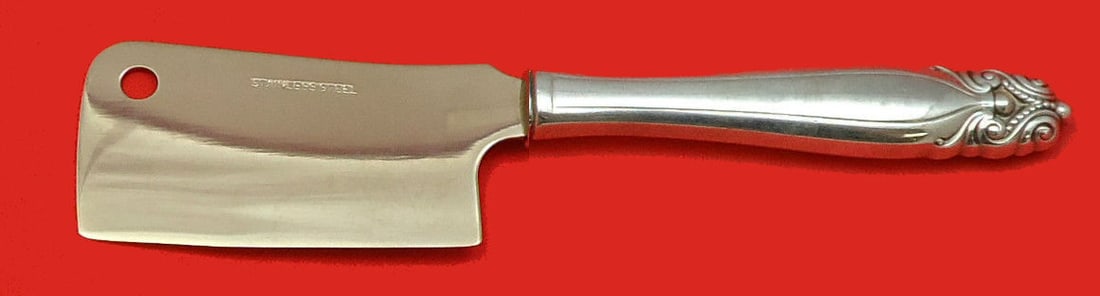 King Christian Wallace Sterling Silver Cheese Cleaver 6 1/2 inches: King Christian by Wallace Sterling Silver Cheese Cleaver HHWS Custom 6 1/2" Pattern: King Christian Brand: Wallace Type: Cheese Cleaver Age: Post-1940 Composition: Sterling Silver Maker: Wallace King 