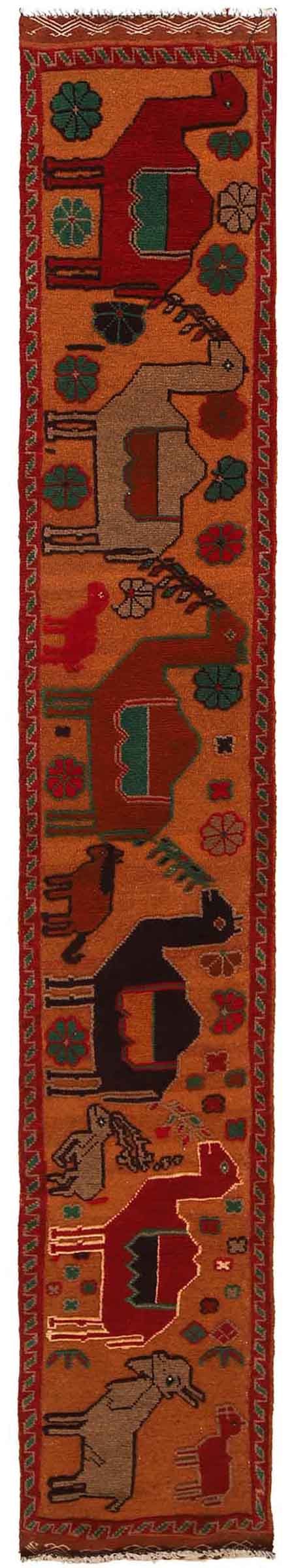 Pictorial Runner Rug 2 x 10 Hand-Knotted Wool: This exquisite pictorial runner rug is hand-knotted from high-quality wool, offering a luxurious feel and durability. With its vibrant tangerine color, it adds a pop of color to any space. Measuring 1